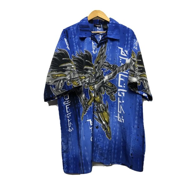 Vintage Odo Blue Anime Hawaiian Button Up Mens Large Korean Omegamon Omnimon - Picture 1 of 5